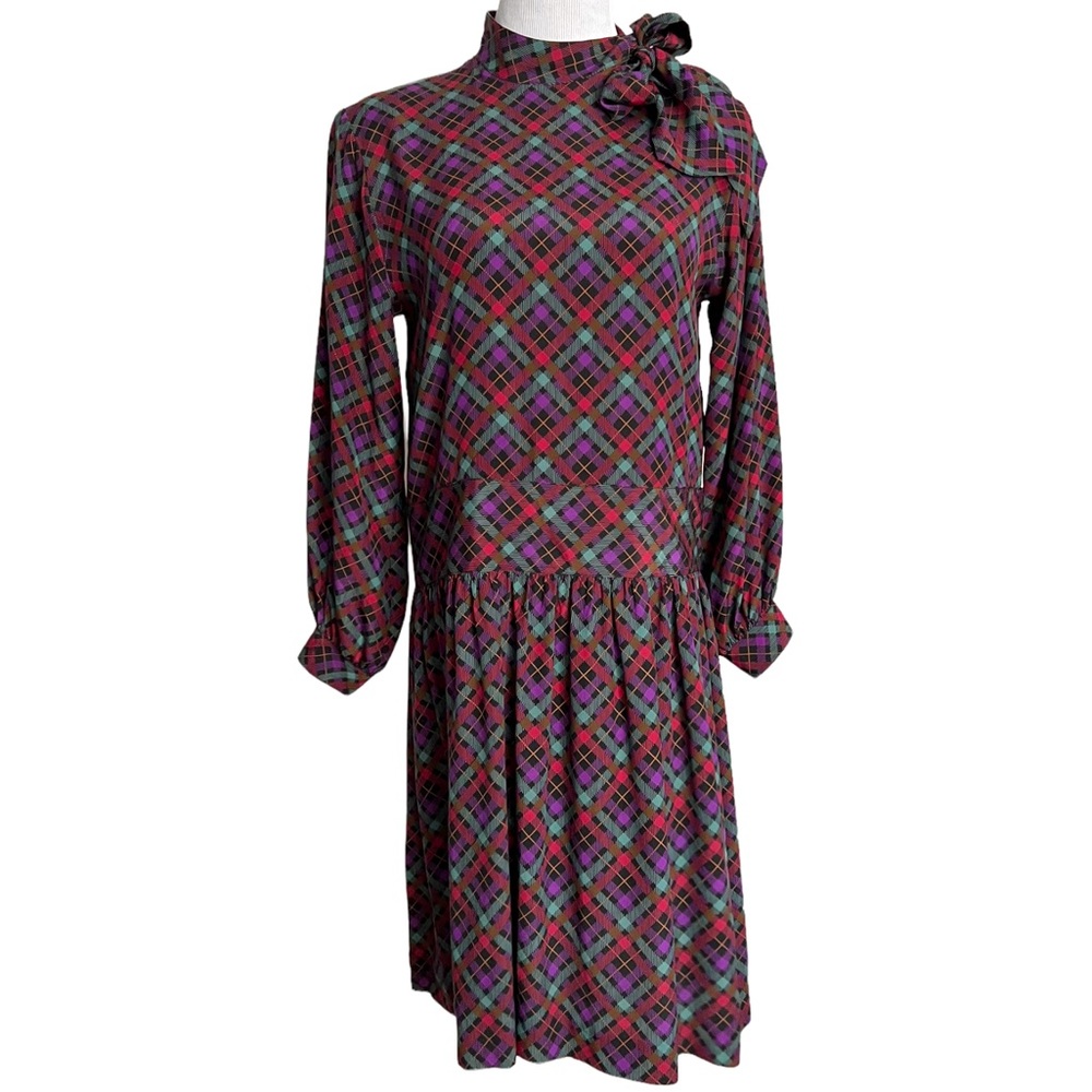 Vintage 1980s Albert Nipon Boutique Plaid Long Sleeve Drop Waist Silk Dress